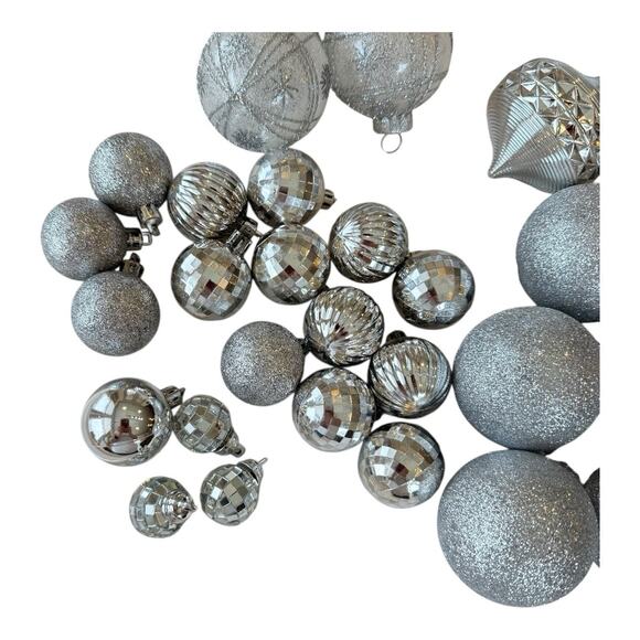 28- Silver Assorted Shatterproof Ornaments 1.5”-4” Shiny Glittery See Pic EUC - Picture 2 of 12